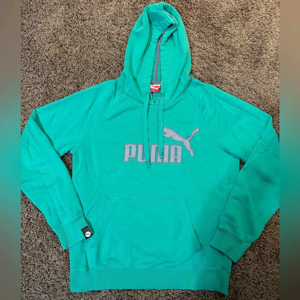 Puma Embroidered Pullover Hoodie Mens Size S Casual Outerwear Green W/ Gray EUC